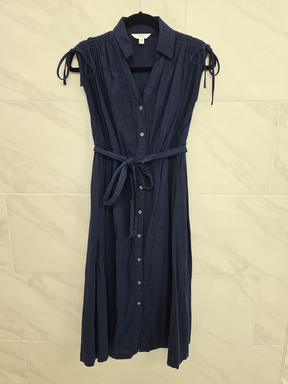 Time and Tru Navy Button-Front Maxi Dress with Tie Waist And Pockets